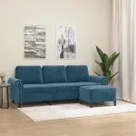 Canapea cu 3 locuri și taburet, albastru, 180 cm, catifea GartenMobel Dekor