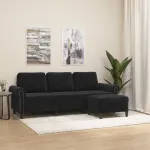 Canapea cu 3 locuri și taburet, negru, 180 cm, catifea GartenMobel Dekor