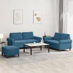 Set de canapele cu perne, 3 piese, albastru, catifea GartenMobel Dekor