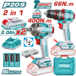 Set scule electrice TOTAL 20V cu 2 unelte brushless, 2 acumulatori si incarcator