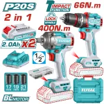 Set scule electrice TOTAL 20V cu 2 unelte brushless, 2 acumulatori si incarcator