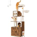 FEANDREA Ansamblu pentru pisici din PAL, plus si sisal, cu dulap litiera, 185 cm, platforme multiple, perne lavabile, maro rustic Household NewTrend