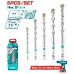 Set 5 burghie pentru zidarie TOTAL cu prindere HEX 1/4, 4-10 mm