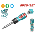 Set șurubelniță cu clichet TOTAL, 8 piese, cu biți Cr-V pentru uz general
