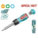 Set șurubelniță cu clichet TOTAL, 8 piese, cu biți Cr-V pentru uz general