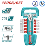Set tubulare TOTAL 1/4 cu clichet si extensie, 12 piese, otel Cr-V