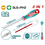 Șurubelniță 2 în 1 TOTAL SL6 + PH2, vârf magnetic, oțel S2, 150 mm