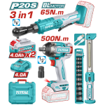 Kit combo TOTAL 20V cu masina de impact, cheie dreapta si lampa LED