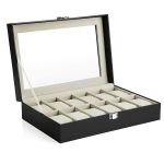 SONGMICS Cutie depozitare ceasuri cu 12 compartimente, capac din sticla, interior catifea, 30x21x9 cm, negru Household NewTrend