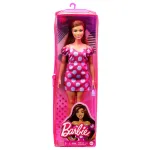 Papusa Barbie Fashionistas satena cu rochie roz cu buline si geanta mov