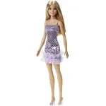 Păpușa Barbie blondă cu rochiță mov strălucitoare pentru petrecere