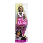 Păpușă Barbie Fashionistas brunetă cu bentiță și rochie roz în carouri
