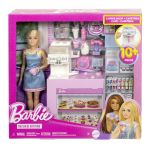 Papusa Barbie Cafenea cu accesorii, set de joaca Coffee Shop, 10+ piese