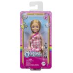 Păpușă Barbie Chelsea blondă cu rochiță roz în carouri, Mattel