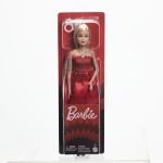 Păpușa Barbie de colecție aniversară 80 de ani, blondă, rochie roșie rubin