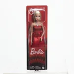 Păpușa Barbie de colecție aniversară 80 de ani, blondă, rochie roșie rubin