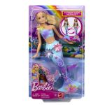 Păpușă Barbie Sirenă Magică cu Flori, păr blond și coadă albastră