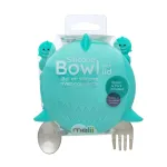 Castronel din silicon cu capac si tacamuri Melii, model rechin, albastru