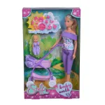 Papusa Steffi cu bebelus, carucior si accesorii, pantaloni mov, 29 cm