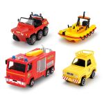 Set 4 vehicule din metal Pompierul Sam cu barcă, scară 1:64