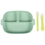 Set hranire bebe din silicon cu ventuza si 2 lingurite, verde, KidsCare