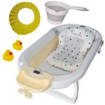 Cadita pliabila bej KidsCare, termometru, perna reductor, jucarii, protectie cap, cana pliabila