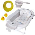 Cadita pliabila gri KidsCare, termometru, perna reductor, jucarii, protectie cap, cana pliabila