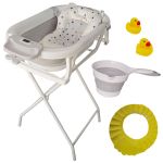 Cadita pliabila gri cu suport metalic KidsCare, termometru, perna reductor, jucarii, protectie cap, cana pliabila