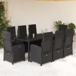 Set mobilier de grădină cu perne, 9 piese, negru, poliratan GartenMobel Dekor