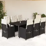 Set mobilier de grădină cu perne, 9 piese, negru, poliratan GartenMobel Dekor