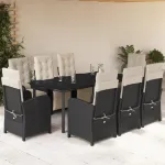 Set mobilier de grădină cu perne, 9 piese, negru, poliratan GartenMobel Dekor