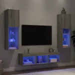 Unități de perete TV cu LED-uri, 5 piese, gri sonoma, lemn GartenMobel Dekor