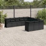 Set canapele de grădină cu perne, 11 piese, negru, poliratan GartenMobel Dekor