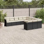 Set canapele de grădină cu perne, 11 piese, negru, poliratan GartenMobel Dekor