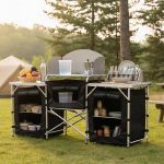 Bucatarie de camping pliabila cu 3 blaturi, cadru aluminiu, portabila pentru exterior, 175x40x111 cm Household NewTrend