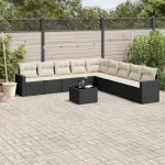 Set canapele de grădină cu perne, 10 piese, negru, poliratan GartenMobel Dekor