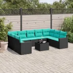Set canapele de grădină cu perne, 10 piese, negru, poliratan GartenMobel Dekor