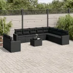 Set canapele de grădină cu perne, 11 piese, negru, poliratan GartenMobel Dekor