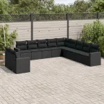Set canapele de grădină cu perne, 11 piese, negru, poliratan GartenMobel Dekor