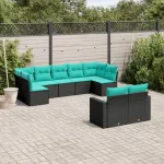 Set mobilier de grădină cu perne, 9 piese, negru, poliratan GartenMobel Dekor