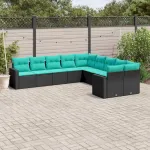 Set canapele de grădină cu perne, 10 piese, negru, poliratan GartenMobel Dekor