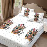 Husa de pat finet 160x200 cu elastic si 2 fete de perna, Bufnite