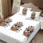 Husa de pat finet 160x200 cu elastic si 2 fete de perna, Bufnite