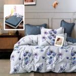 Lenjerie de pat finet 6 piese, cearceaf pat cu elastic, cearceaf pilota 200x230, 2 fete perna 50x70, 2 fete perna 70x70, Extra, Mov cu flori