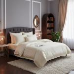Lenjerie de pat pentru 2 persoane XXL, Bumbac Damasc 100%, 4 piese, Cearceaf pat 240x260, Cearceaf pilota 200x230, Fete de perne 50x70 x 2, crem