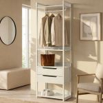 Cuier de hol cu 2 sertare, bară haine și 4 polițe, gri, 200x61x40 cm