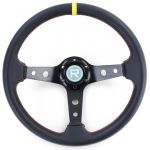 Volan sport cu forma de farfurie, din piele neagră, cu marcaj galben la 12 ore, Ø 350 mm Performance AutoTuning