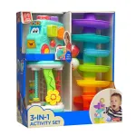Set educativ 3 în 1 pentru bebe: autobuz sortator, cilindru și turnuleț cu bile