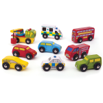 Set 9 vehicule din lemn BigJigs pentru jocuri de rol creative