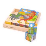 Puzzle cubic din lemn cu animalute de la ferma, 16 cuburi
